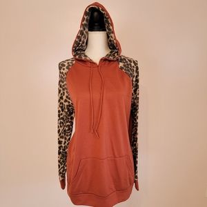 Terra Cotta hoodie with leopard sleeves and hood lining XL